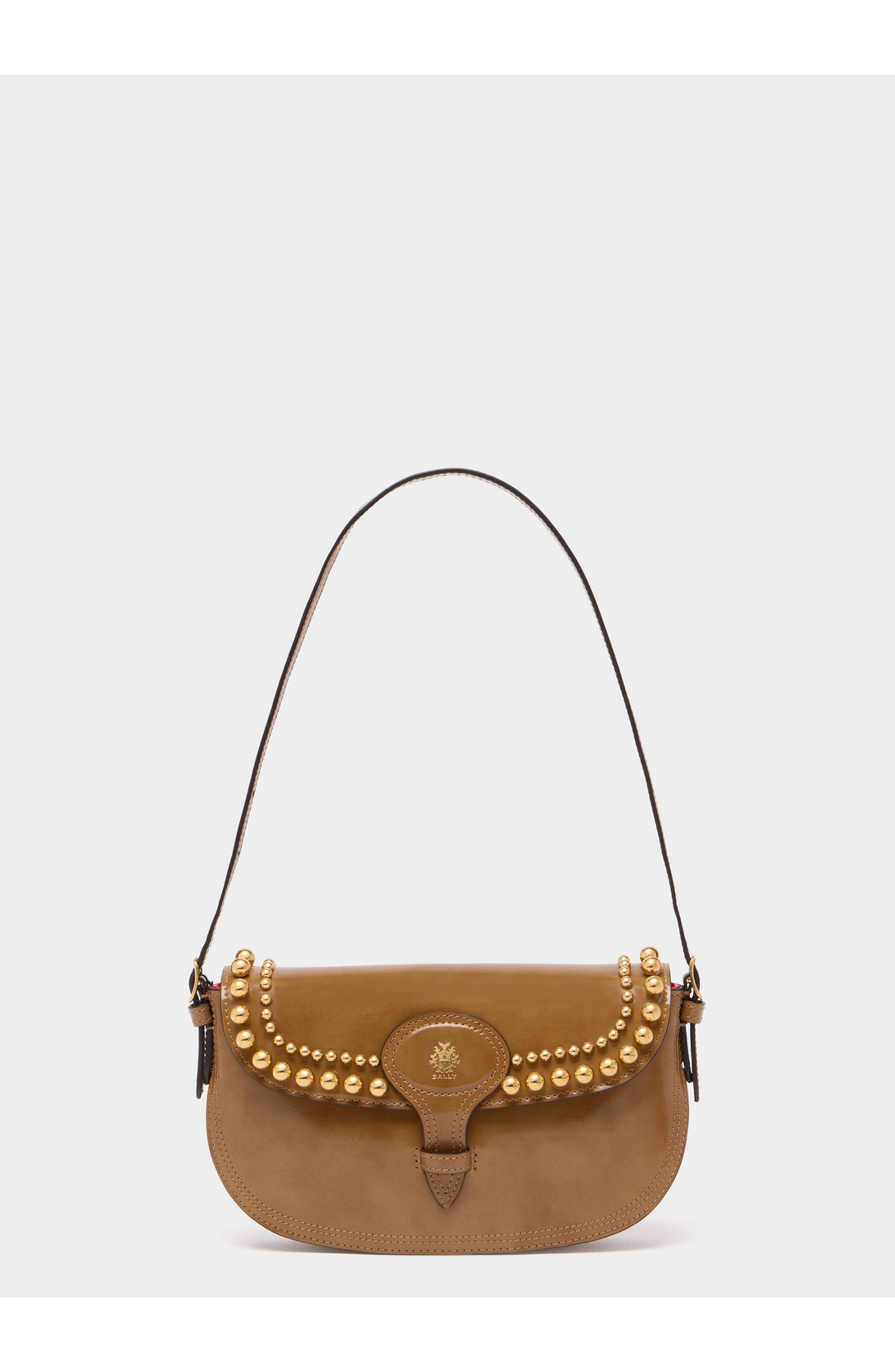 Bally Beckett Small Shoulder Bag in Brushed Leather With Studs, Main, color, Natural