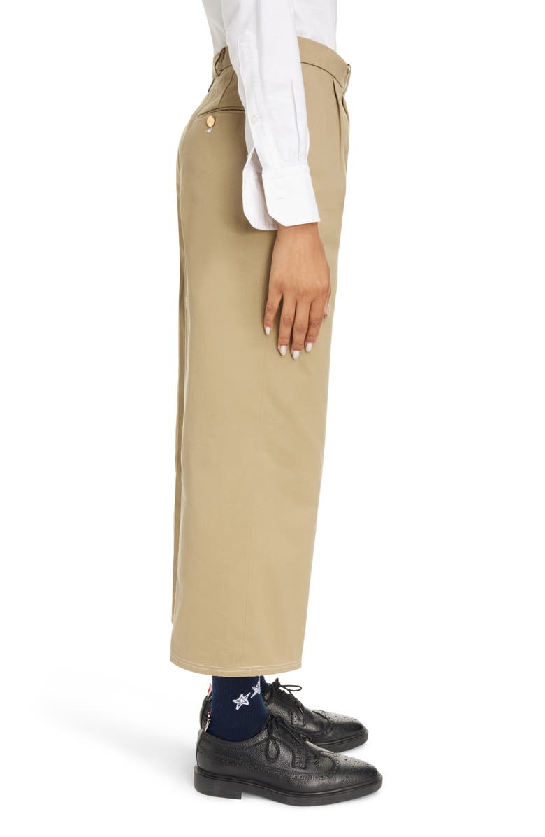 Thom Browne Relaxed Fit Pleated Crop Straight Leg Cotton Trousers, Alternate, color, Camel