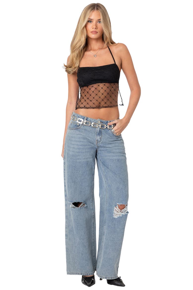 Beaded Open Back Sheer Mesh Halter Top, Alternate, color, BLACK