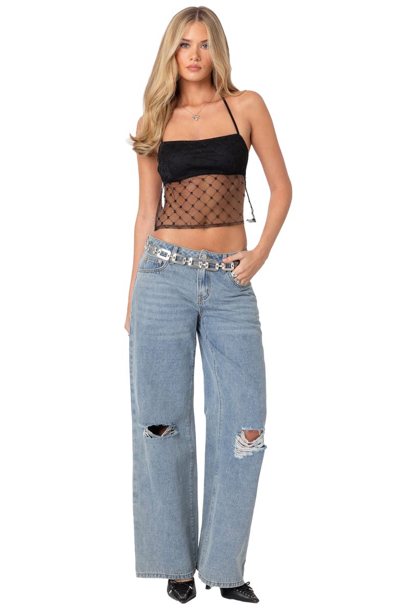 EDIKTED Beaded Open Back Sheer Mesh Halter Top, Alternate, color, Black