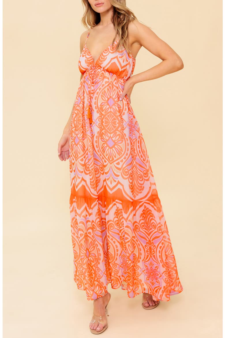 Drawstring V-Neck Maxi Dress, Alternate, color, CORAL