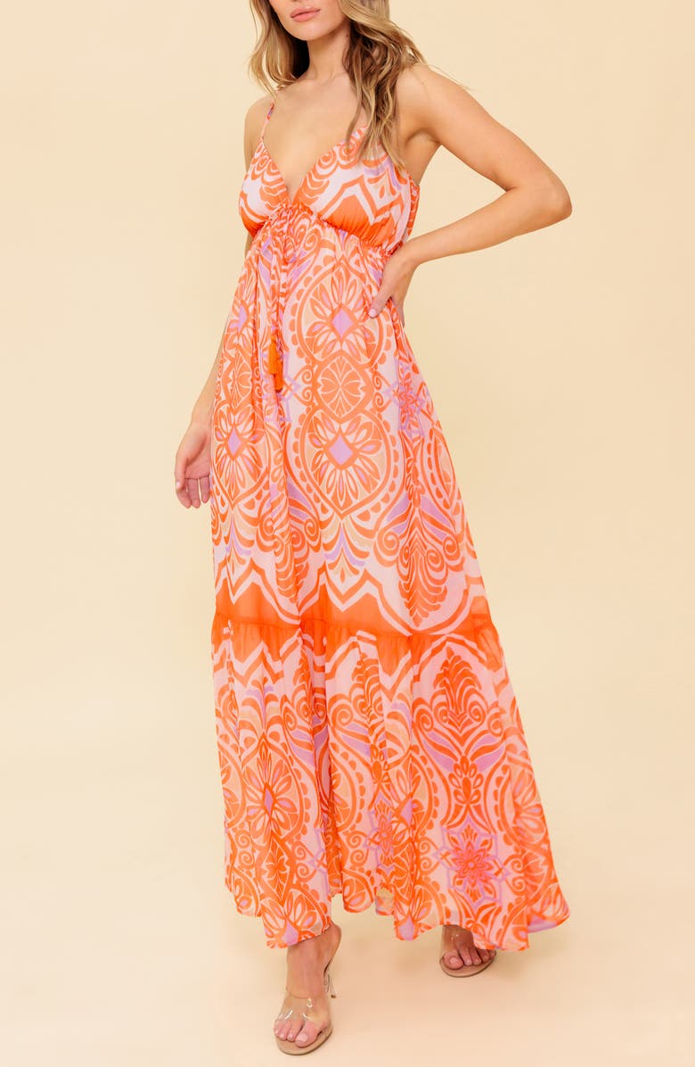 FLYING TOMATO Drawstring V-Neck Maxi Dress, Alternate, color, Coral