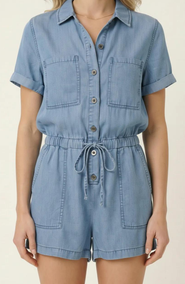 Modenaire Utility Button-Up Denim Romper with Pockets and Drawstring Waist