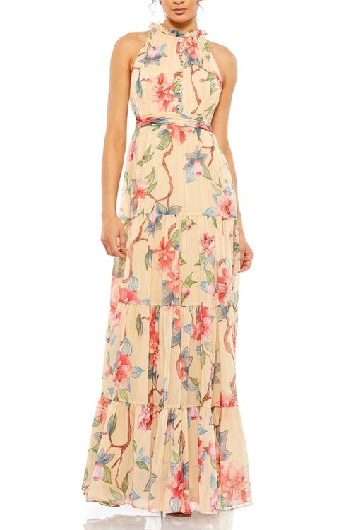 Mac Duggal Floral Button High Neck Maxi Dress In Nude Multi