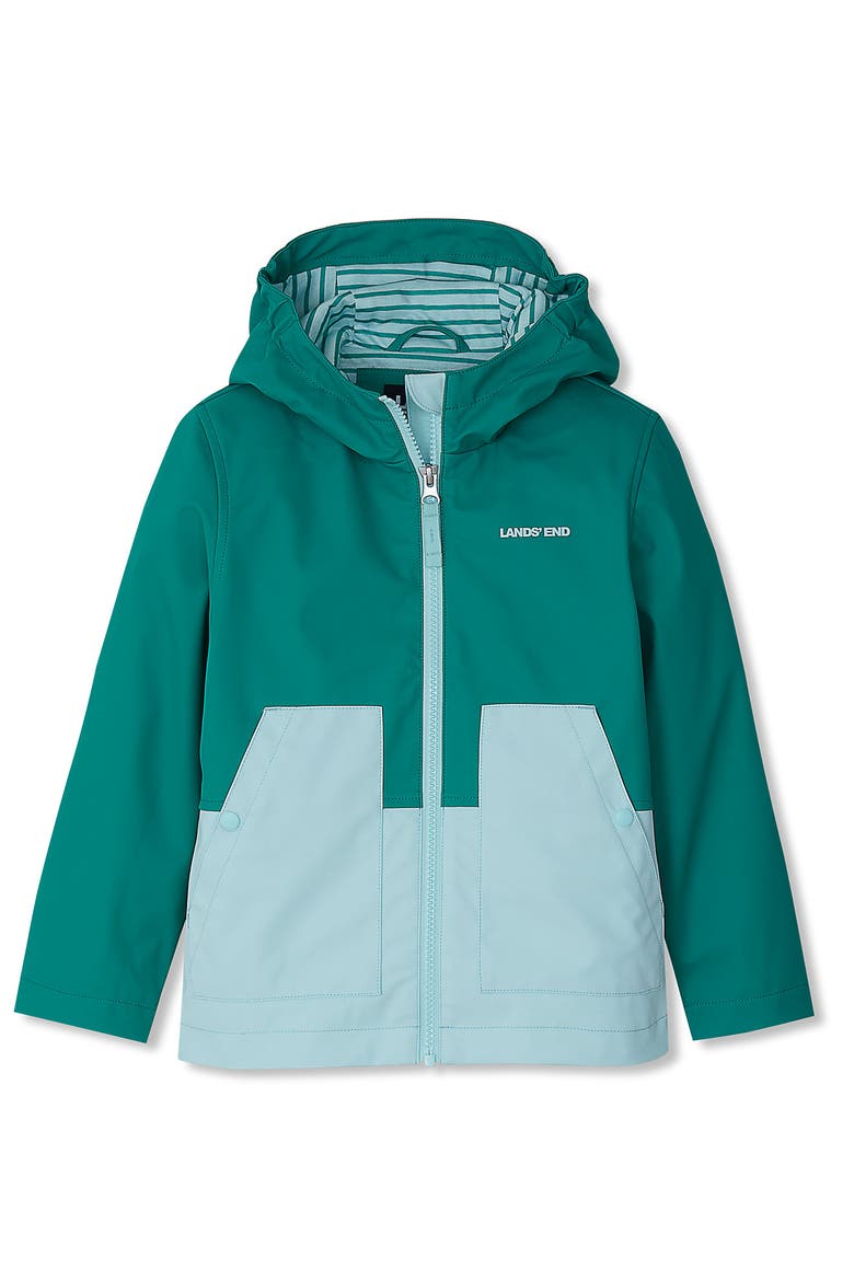 Kids Water Resistant Hooded Slicker Rain Jacket, Main, color, Deep Green/Light Blue