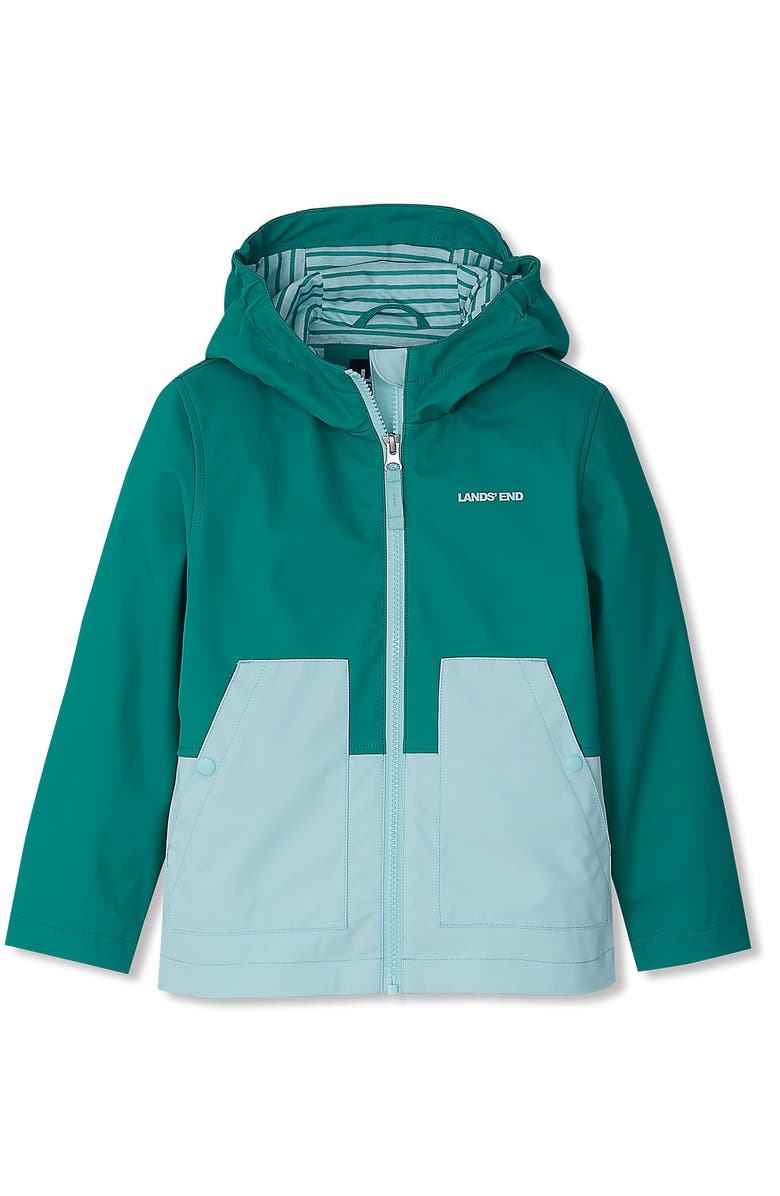 Lands' End Kids Water Resistant Hooded Slicker Rain Jacket, Main, color, Deep Green/Light Blue