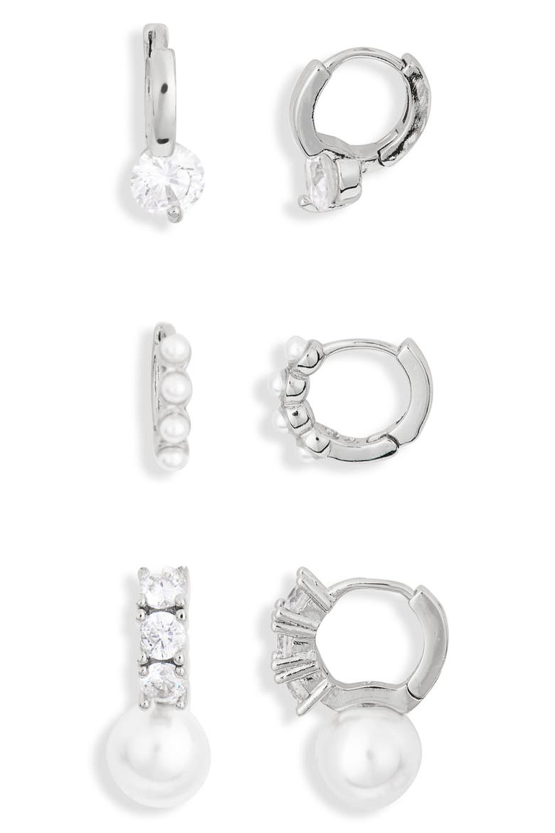 set of 3 assorted mini hoop earrings, Alternate, color, CREAM/ SILVER