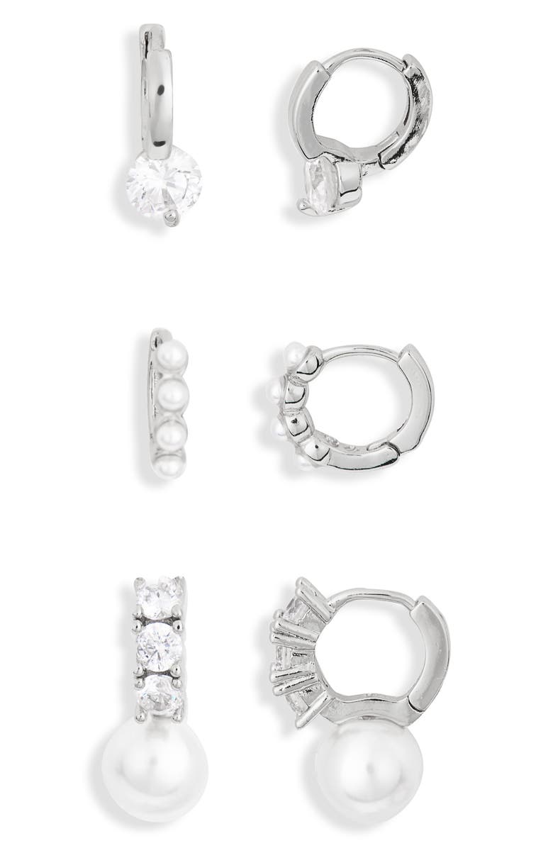 Kate Spade New York set of 3 assorted mini hoop earrings, Alternate, color, Cream/ Silver