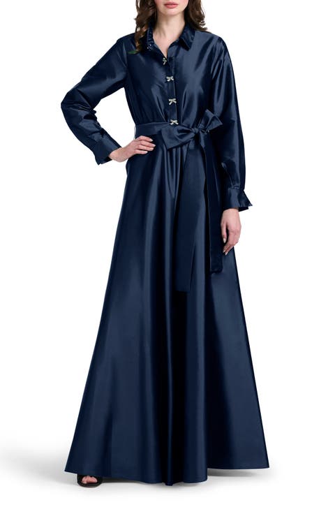 Crystal Bow Button Long Sleeve Taffeta A-Line Gown