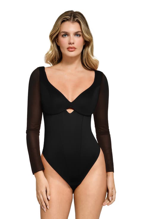 Shapewear Mesh Sleeve Cutout Sweetheart Sculpting Bodysuit
