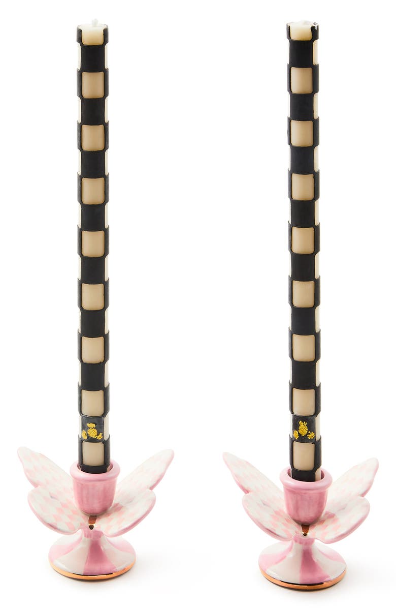 MACKENZIE CHILDS Rosy Check Set of 2 Butterfly Candleholders, Alternate, color, Rosy