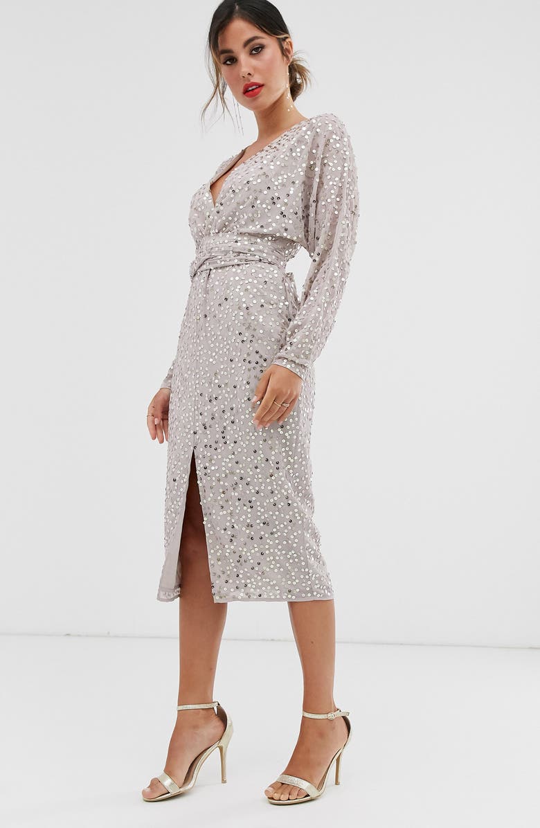 ASOS DESIGN Sequin Long Sleeve Midi Dress, Alternate, color, 
