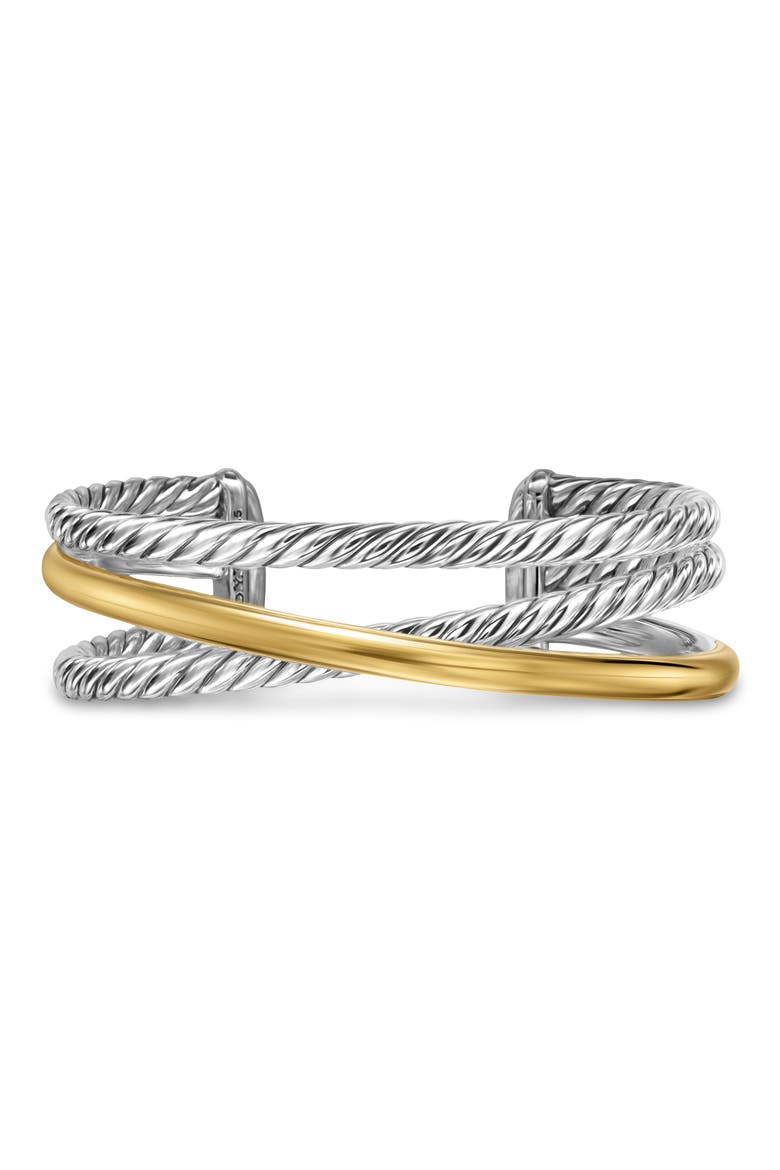 Crossover Three-Row Cuff Bracelet in Sterling Silver with 14K Yellow Gold, 20mm, Main, color, STERLING SILV 14K GOLD - LARGE
