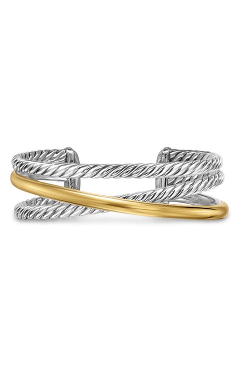 Crossover Three-Row Cuff Bracelet in Sterling Silver with 14K Yellow Gold, 20mm