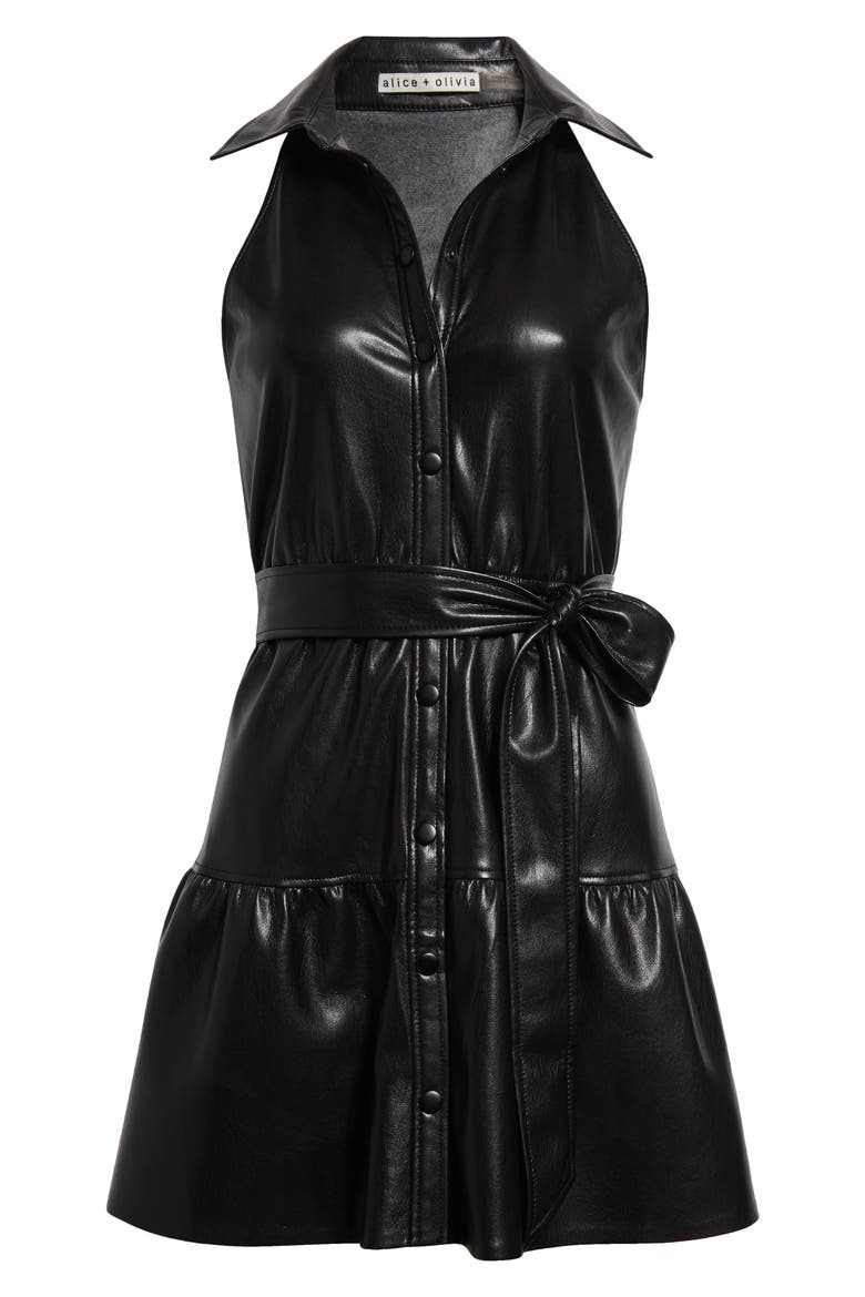 Miranda Tiered Faux Leather Mini Shirtdress, Alternate, color, BLACK