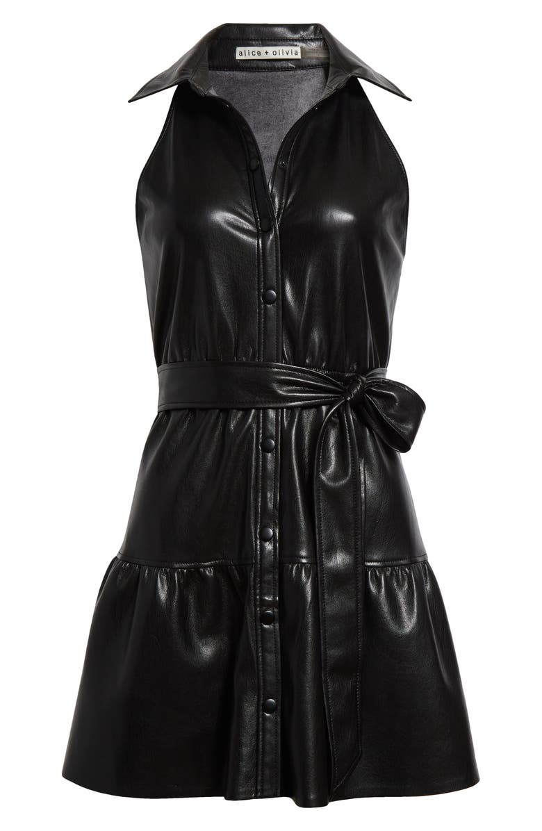 Alice + Olivia Miranda Tiered Faux Leather Mini Shirtdress, Alternate, color, 