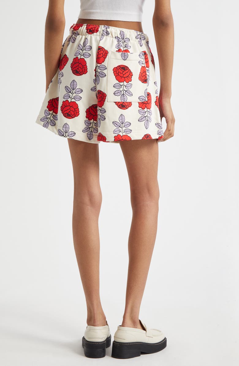 Marimekko Miksaus Vihkiruusu Kioski Rose Print Cotton Fleece Drawstring Shorts, Alternate, color, 