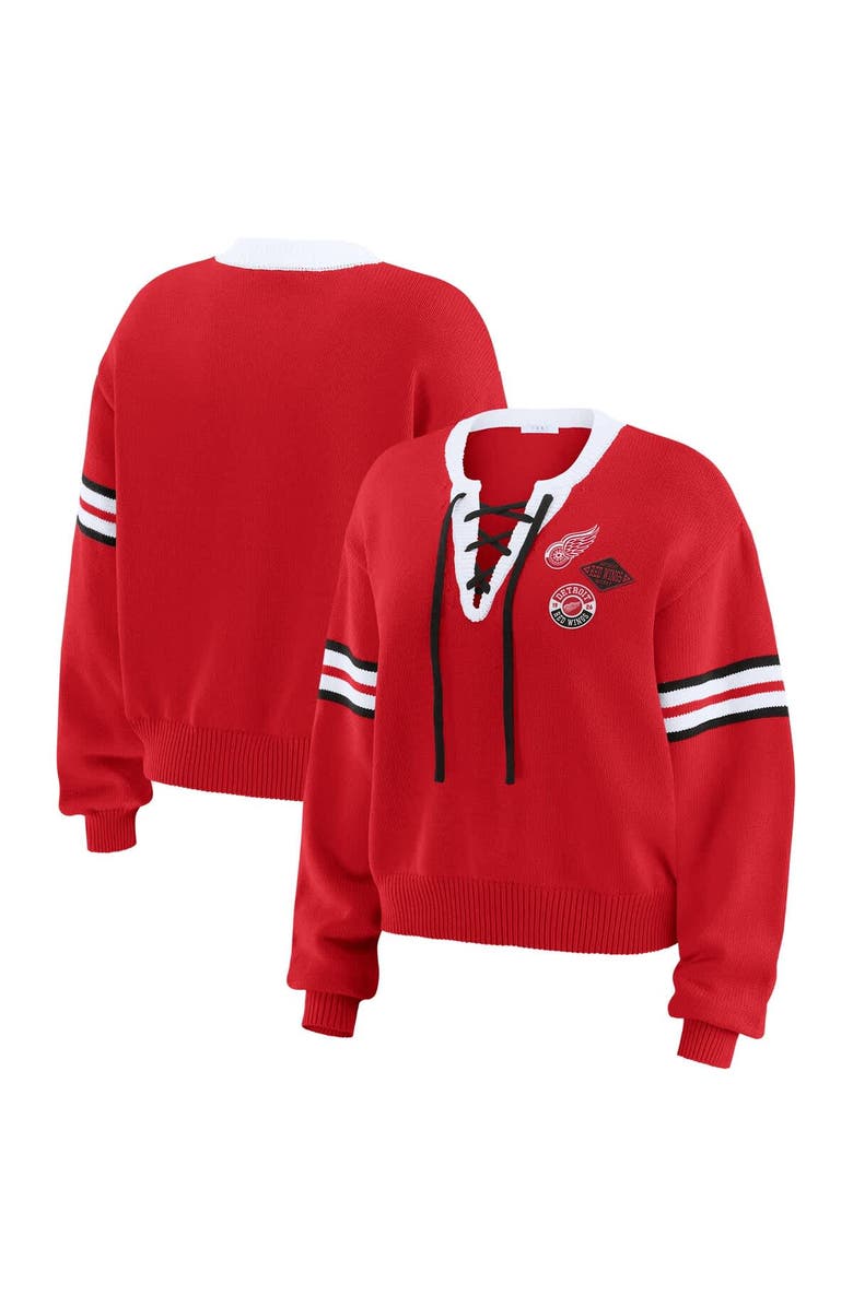 WEAR by Erin Andrews Women's WEAR by Erin Andrews  Red Detroit Red Wings Cropped Lace-Up Sweater, Main, color, Red