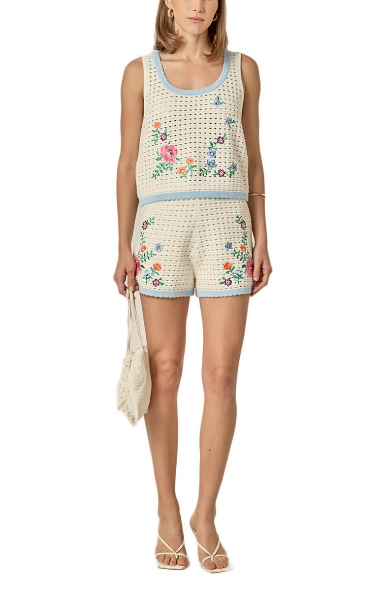 English Factory Floral Embroidered Sheer Crop Open Stitch Top, Alternate, color, Off White