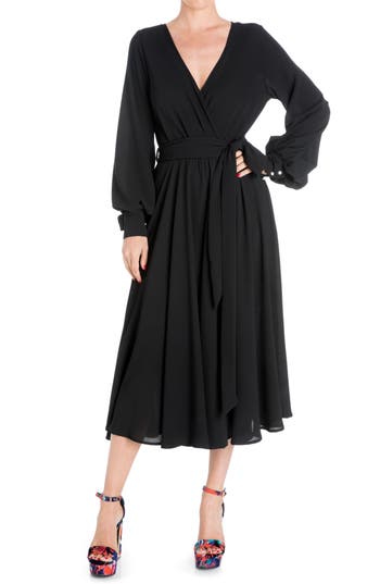 Meghan La Lilypad Surplice Long Sleeve Wrap Midi Dress In Black