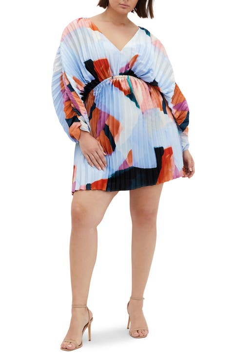 Chloe Print Pleated Long Sleeve Satin Minidress (Plus)