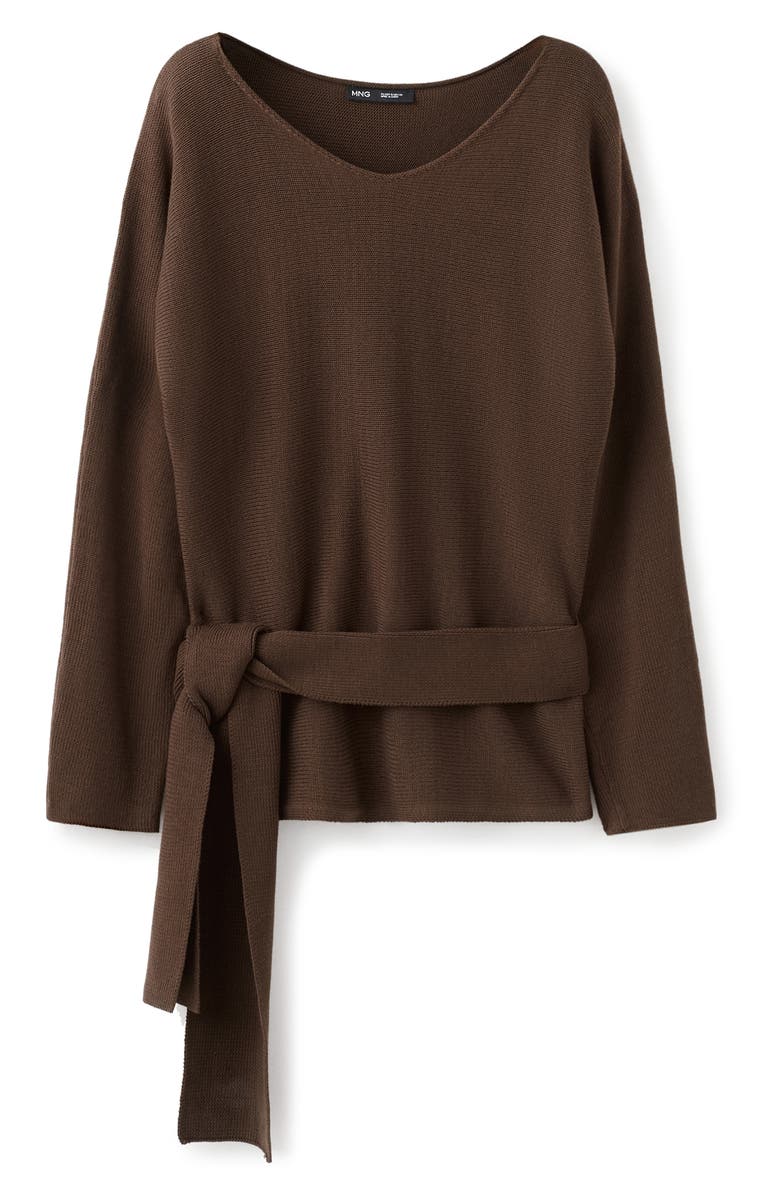 MANGO Long Sleeve Belt Sweater, Alternate, color, Chocolate