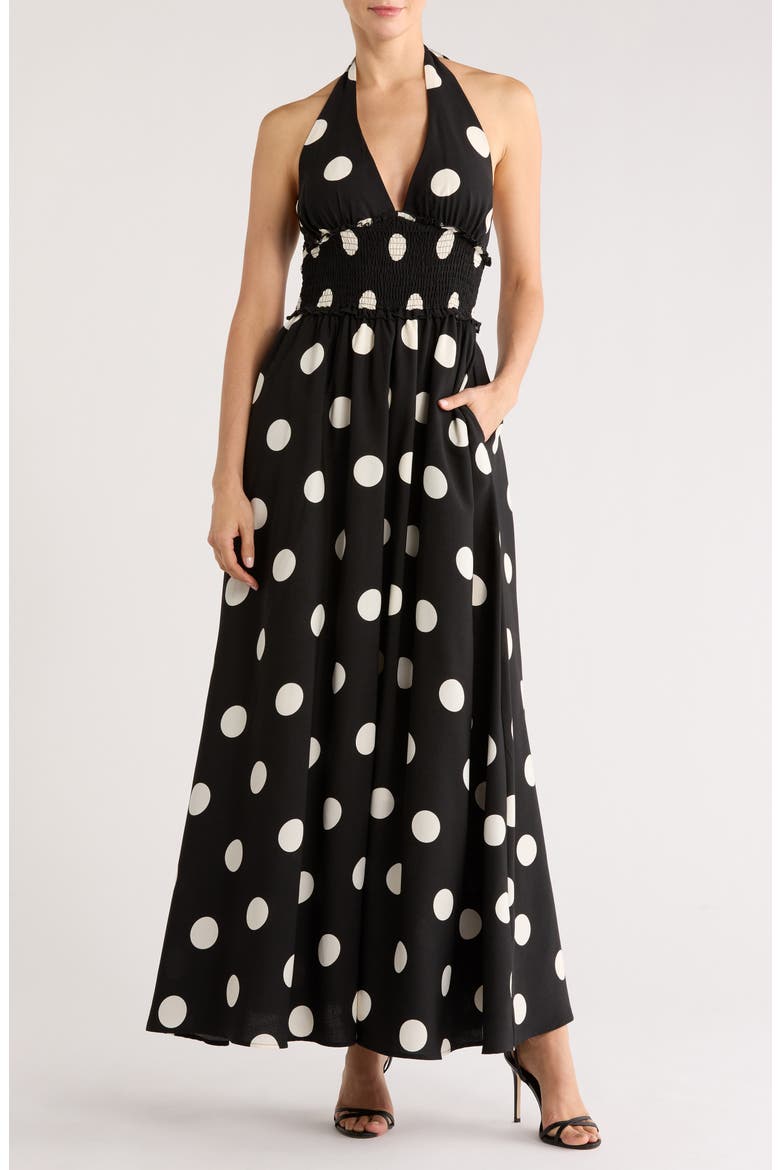 Nina Patterned Halter Maxi Dress, Main, color, BLACK IVORY DOT