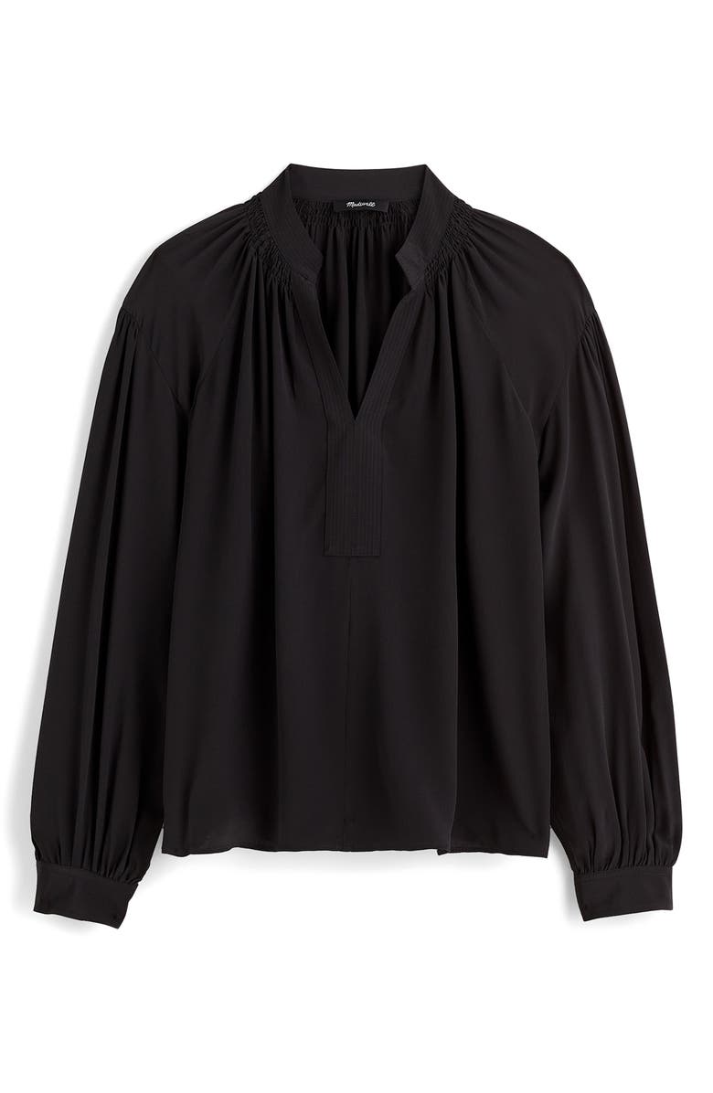 Madewell Shirred Long Sleeve Silk Top, Alternate, color, True Black