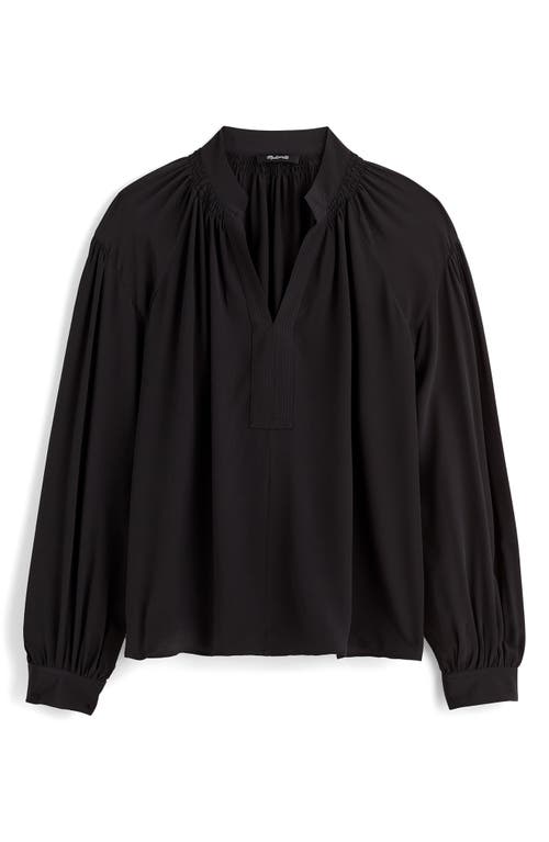 Madewell Shirred Long Sleeve Silk Top In Black