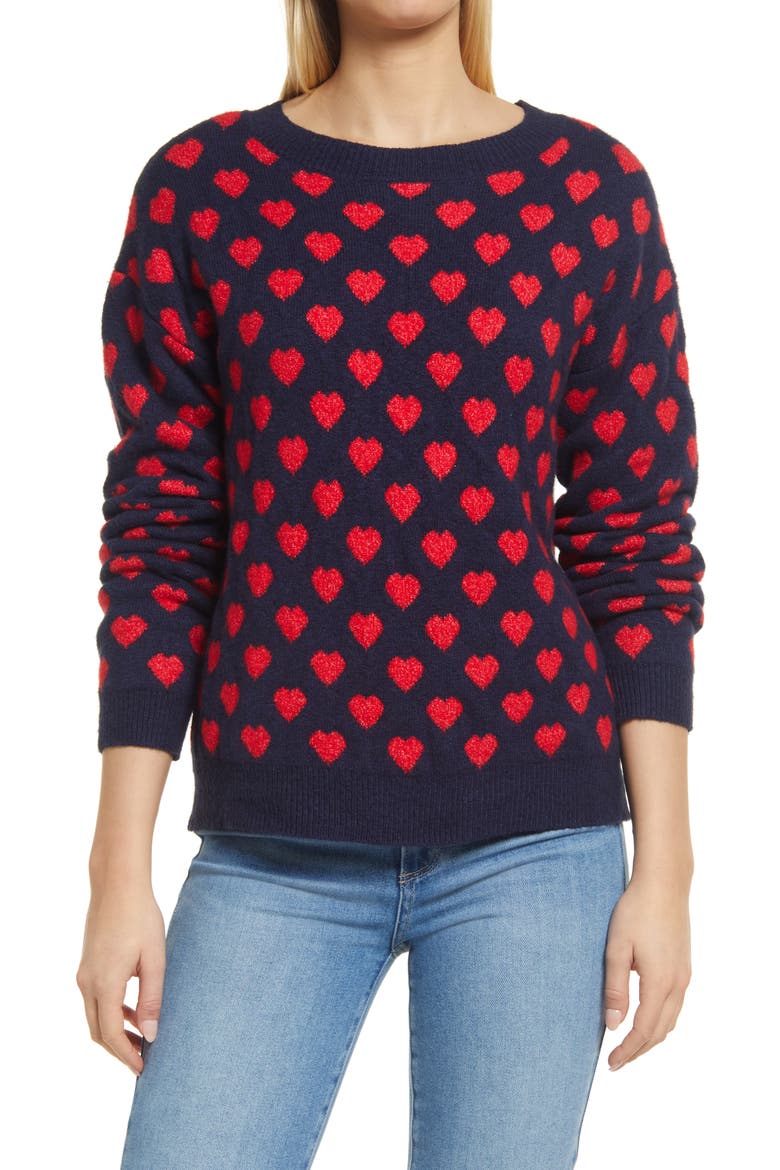 Heart Pattern Crewneck Sweater, Main, color, NAVY- RED HEART PATTERN