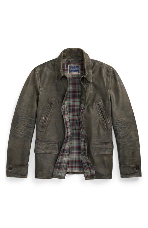 Double Rl Indigo Leather Car Coat In Gray