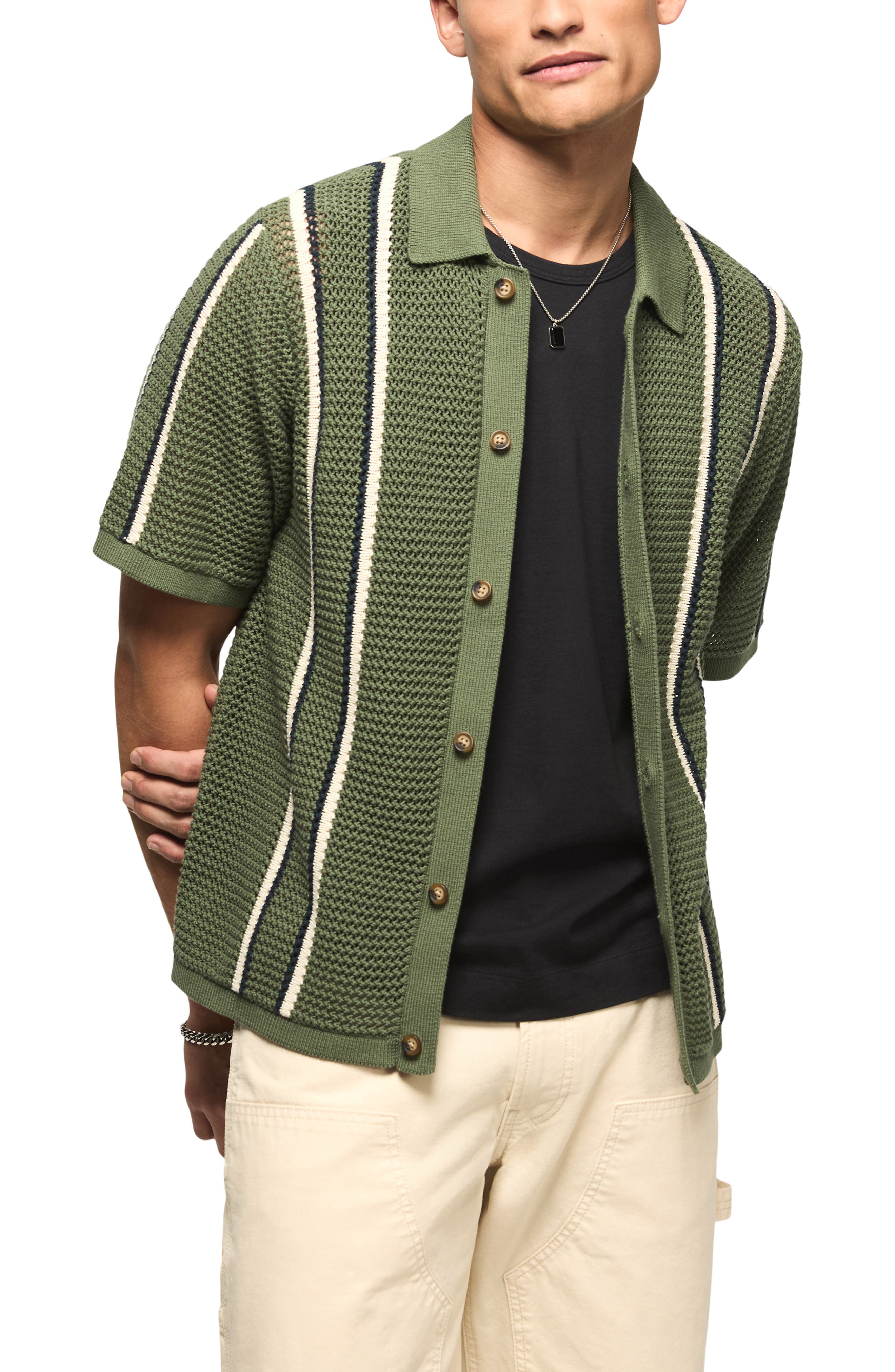 Stripe Short Sleeve Cotton Button-Up Sweater - image 3