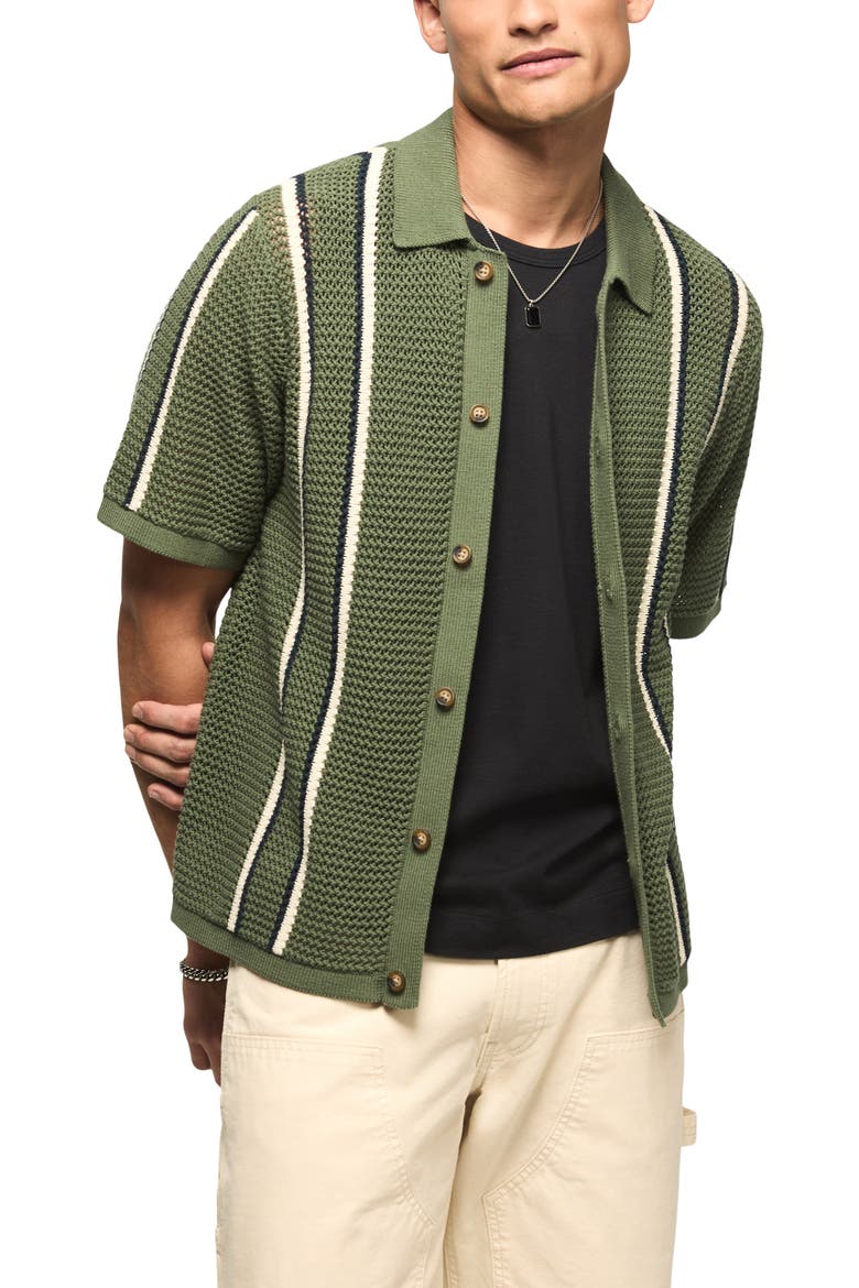 Stripe Short Sleeve Cotton Button-Up Sweater, Main, color, LAUREL WREATH