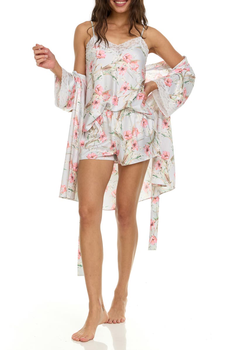 Flora Nikrooz Sabrina Floral Print Satin Short Pajamas & Robe Set, Alternate, color, Light Grey