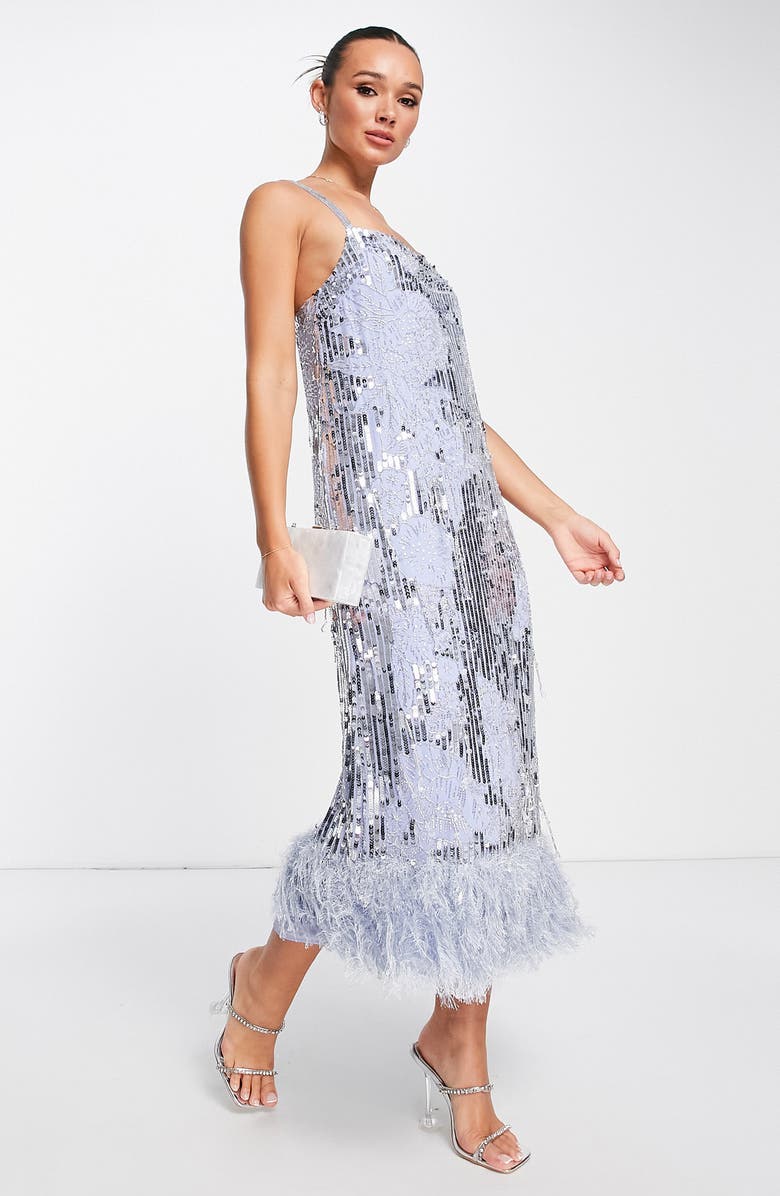 ASOS DESIGN EDITION Sequin & Bead Faux Feather Hem Midi Dress, Alternate, color,