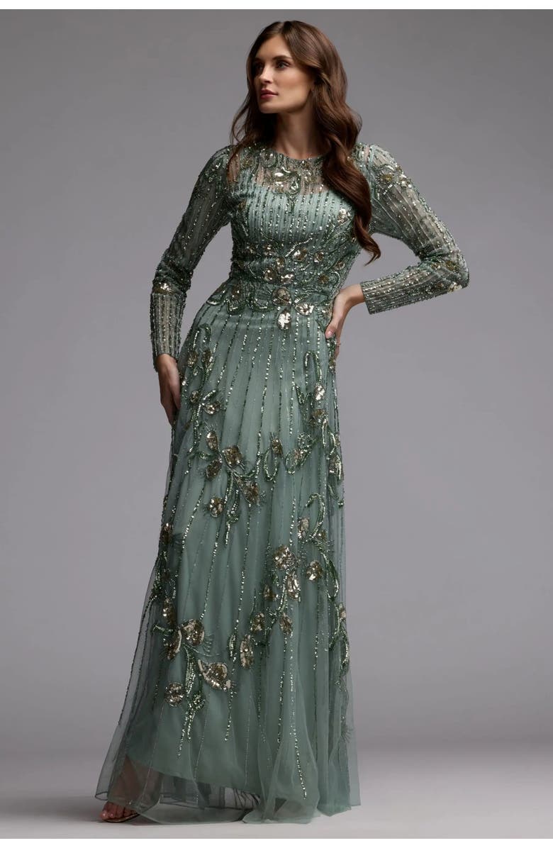 Mac Duggal Embellished Tulle Long Sleeve A Line Gown, Alternate, color, Sage