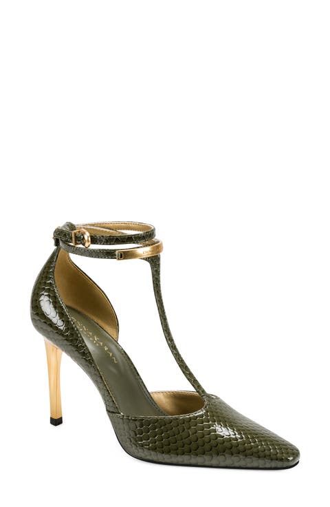 Samuel Snakeskin Embossed T-Strap Pump