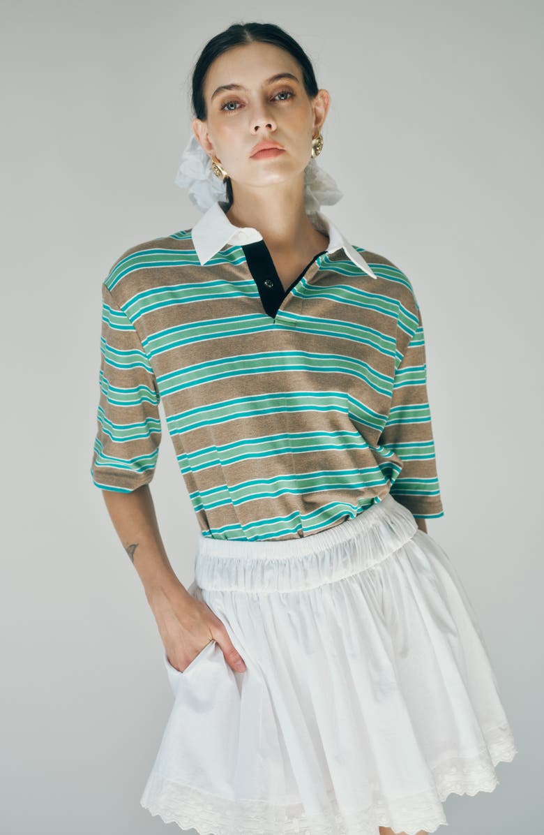 MAUDE CLUB Frankie Stripe Stretch Cotton Polo, Alternate, color, Aqua Camel Stripe