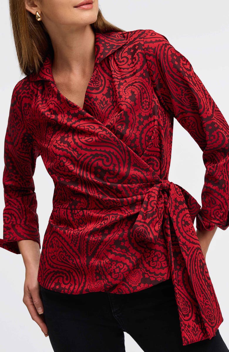 Foxcroft Saline Paisley Jacquard Wrap Top, Alternate, color, Black/ Red