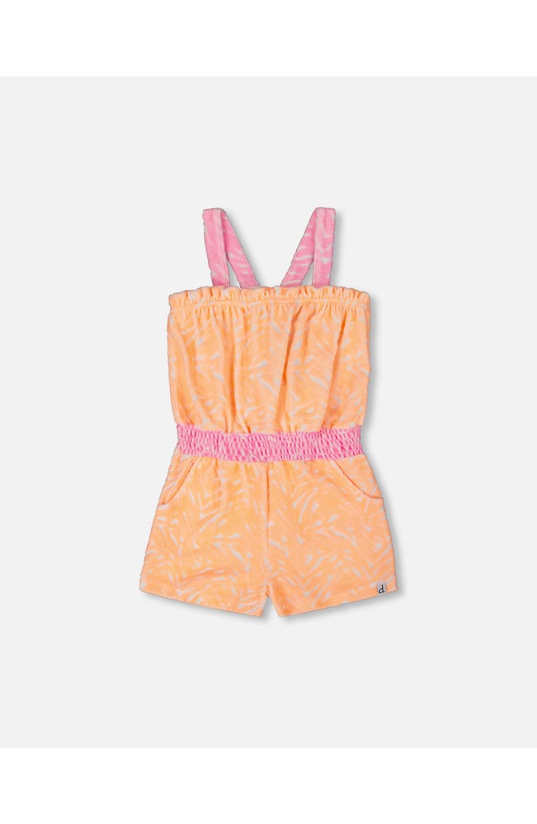 Deux par Deux Girl's Printed Terry Cloth Romper Vibrant Orange And White, Main, color, 