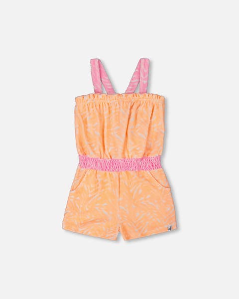 Little Girl's Printed Terry Cloth Romper Vibrant Orange And White