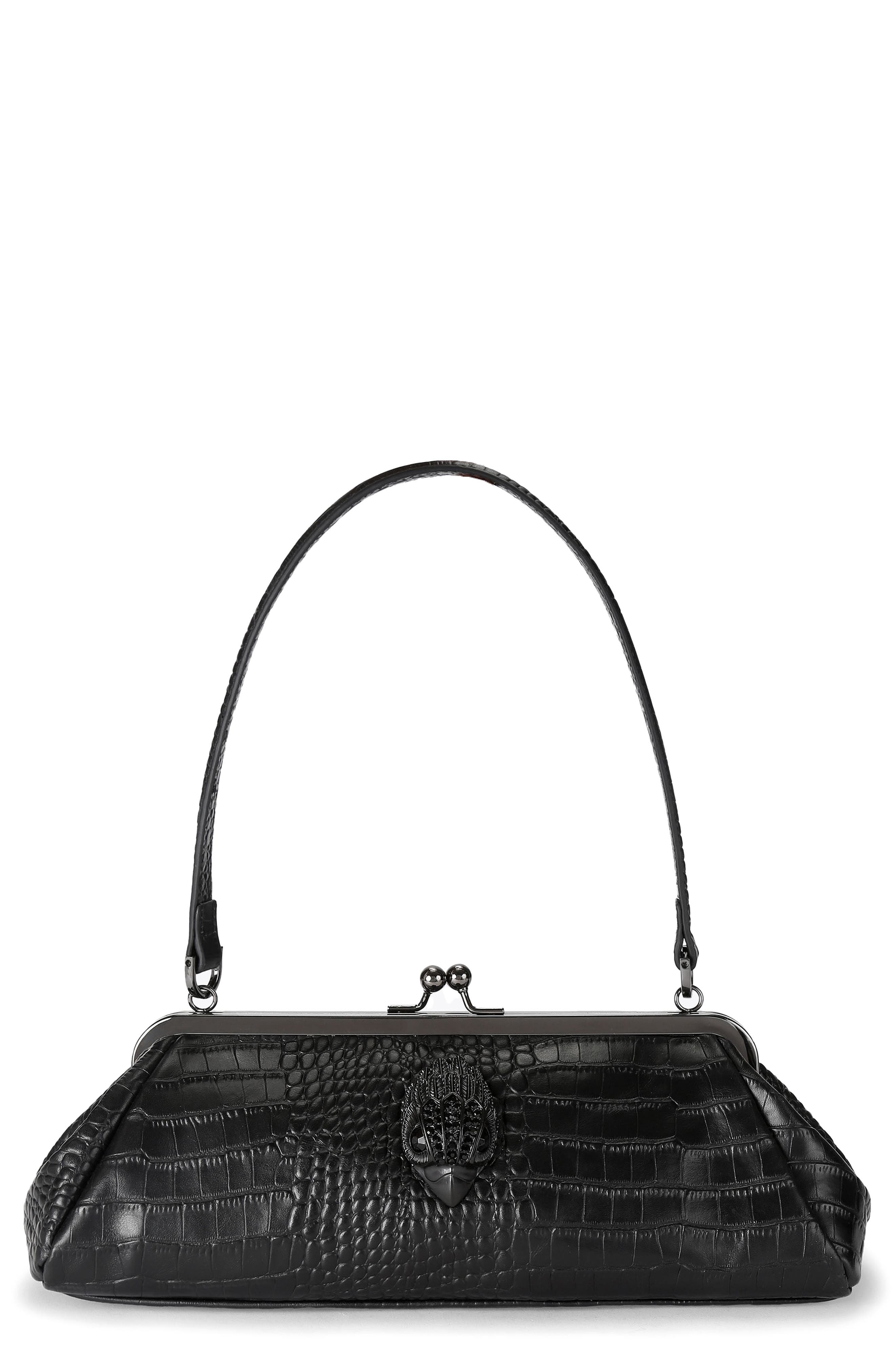 Kensington Croc Embossed Leather Frame Bag, Main, color, BLACK