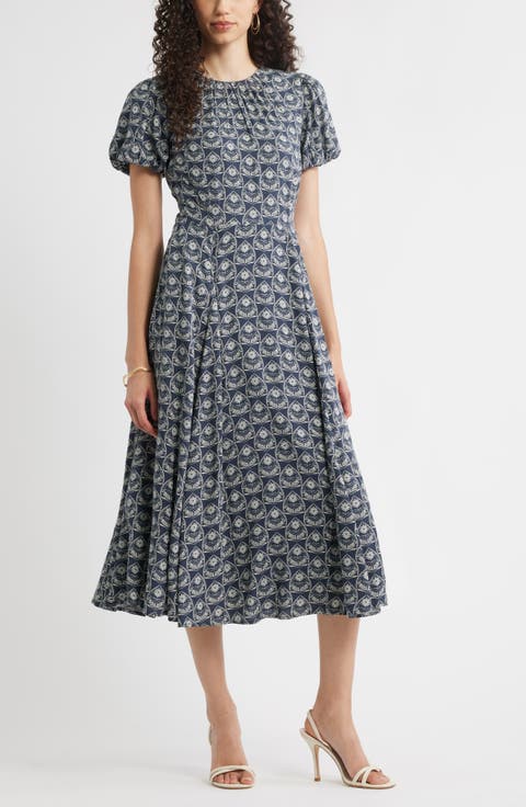 Shirred Neck Puff Sleeve Midi Dress