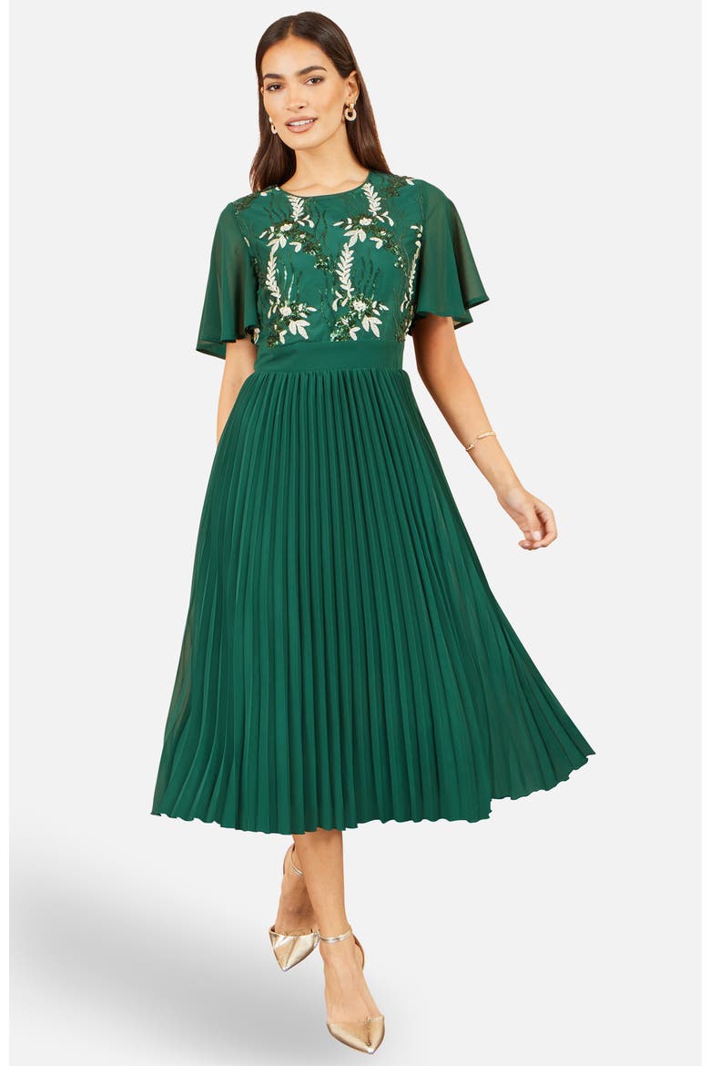 Sequin Embroidered Pleated Midi Dress, Alternate, color, Green