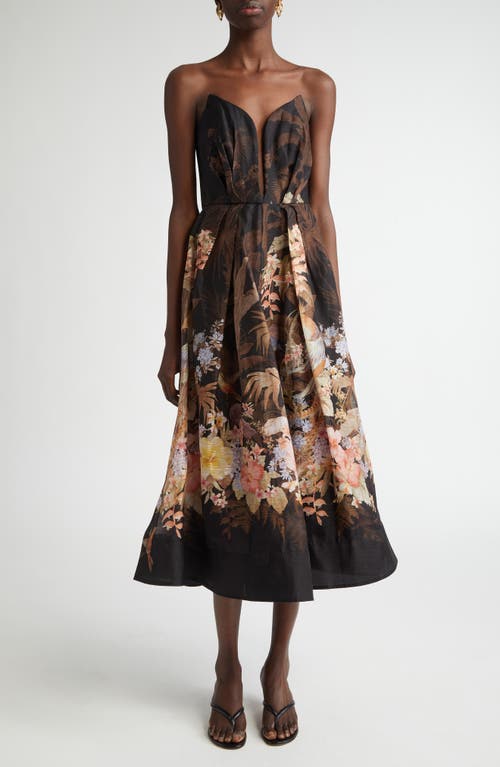 Zimmermann Illuminate Draped Midi Dress In Black Tropical In Black Tropical