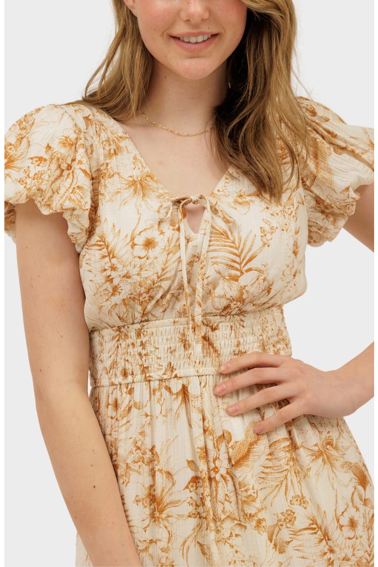 Floral Puff Sleeve Tiered Midi Dress, Alternate, color, CAMEL MULTI