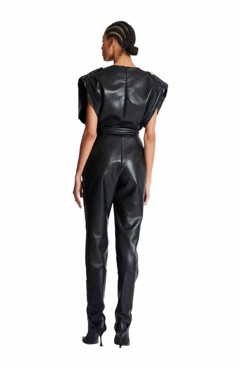 Balmain High-Waisted Faux Leather Trousers, Alternate, color, Black