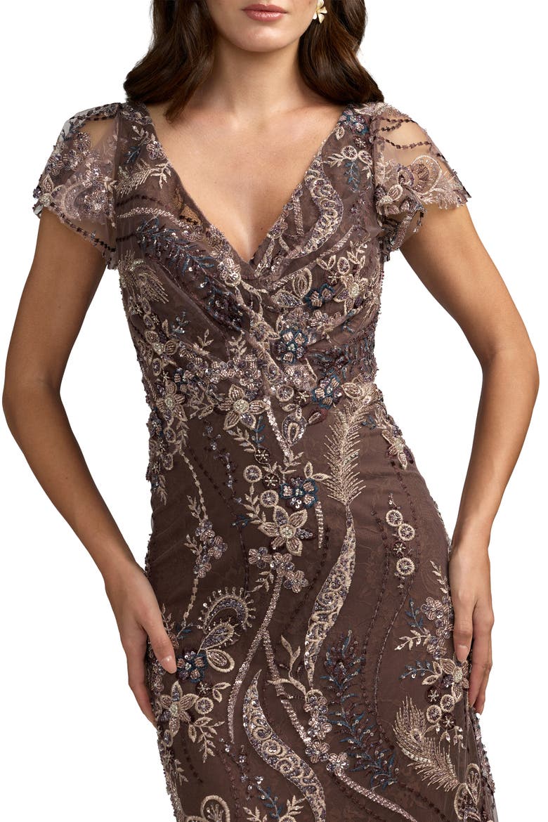 V-Neck Flutter Sleeve Embroidered Lace Evening Gown, Alternate, color, Chocolate