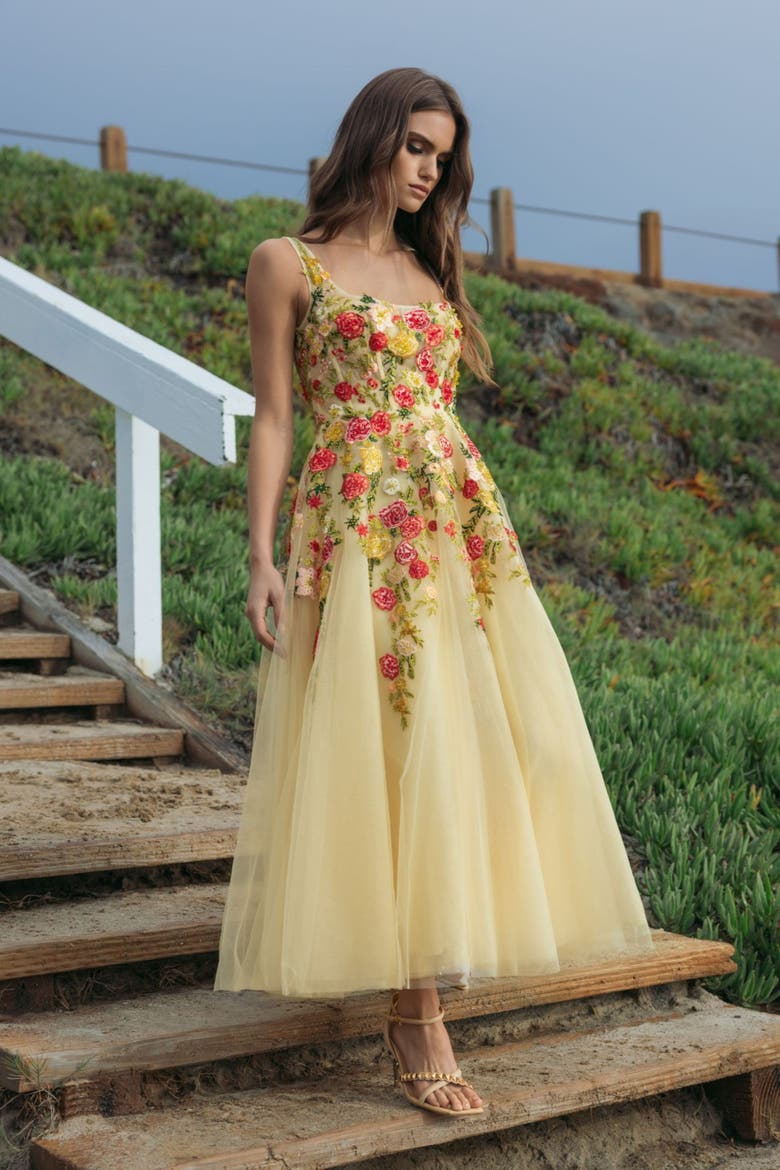 Embroidered Tulle A-Line Midi Dress, Alternate, color, Butter Multi