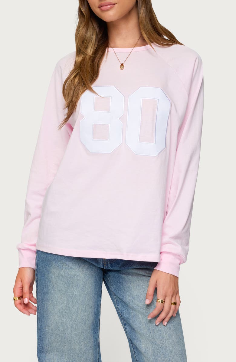 EDIKTED '80s Appliqué Oversize Long Sleeve Cotton T-Shirt, Main, color, Light-Pink